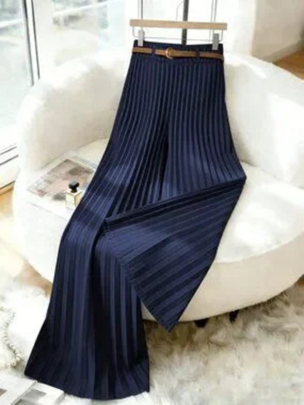 Navy Blue Elegant Women's Pleated Wide Leg Loose Casual Pants
